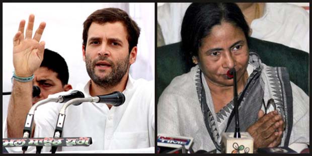 Congress vice president Rahul Gandhi, left and West Bengal chief minister Mamata Banerjee, right (Photo: PTI) Congress vice president Rahul Gandhi, left and West Bengal chief minister Mamata Banerjee, right (Photo: PTI)